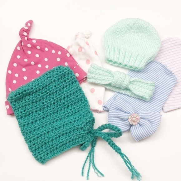 Set of 6 baby girl hats + headband - Picture 1 of 4